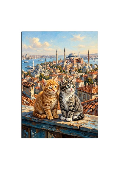 Çatıda İstanbul Manzaralı İki Kedi Dekoratif Kanvas - Mdf Ahşap Tablo Çok Renkli