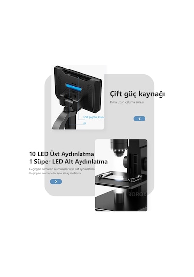 Borox Lab Dijital Mikroskop Çift Lens 2000x Büyütme 7'' 12 Mp