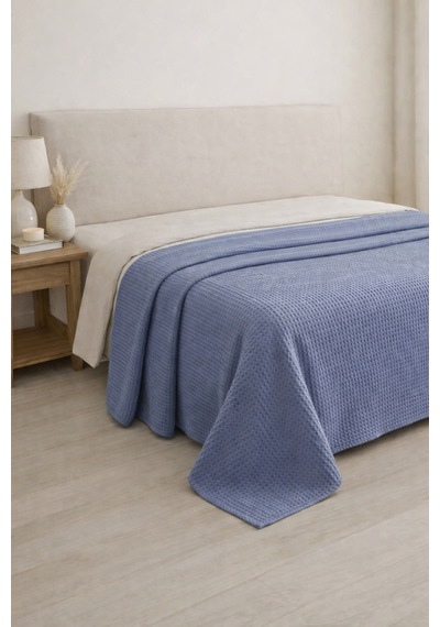 Faralya Life %100 Pamuklu Kare Petek Dokulu Çift Kişilik Lüks Pike 200 220cm Açık Indigo