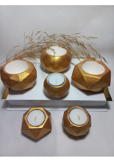 Antiquity Gold Ev Ve Ofis Aksesuarı Sukulent/kaktüs Saksı, Mumluk Set Dekoratif Obje 6 Parça Gold
