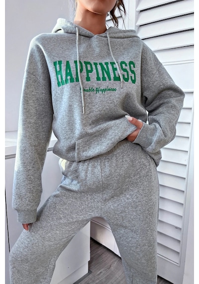 Uyguntarz Unisex Happiness Baskılı Eşofman Takımı Gri