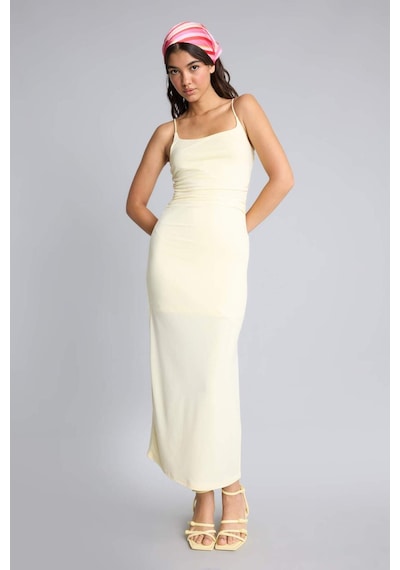 Defacto Bodycon Vücudu Saran Kare Yaka Askılı Maxı Elbise H6454ax26smyl450 Sarı-yl450