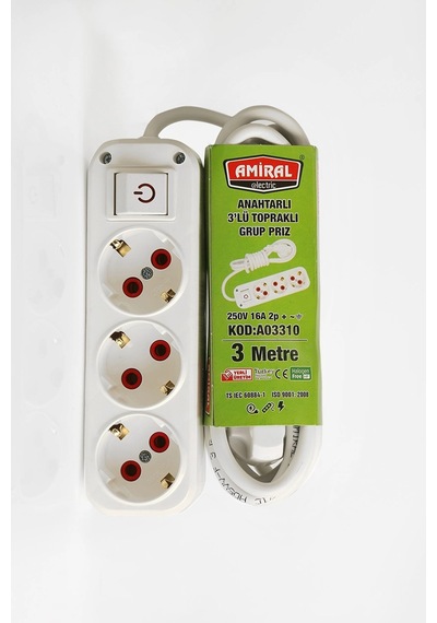 3 Metre Ölçülü 3 Lü Topraklı Anahtarlı Kablolu Grup Priz