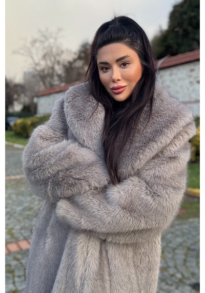 Açelyaokcu Premium Şal Yaka Mob Wife Suni Kürk Maxi Kadın Kaban Gri