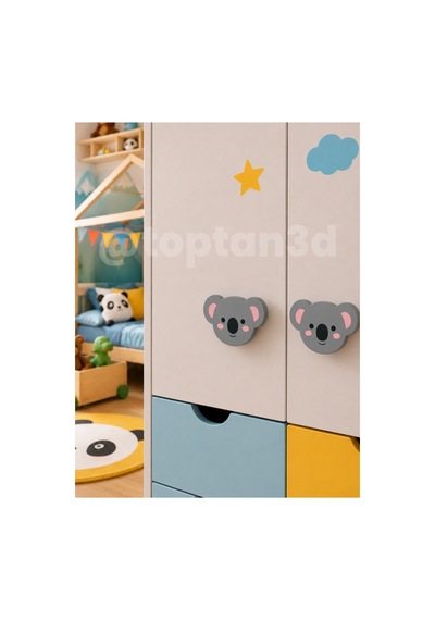 2 Adet - Sevimli Koala Dolap Kulpu, Mobilya Kulbu - Bebek Odası, Çocuk Odası Aksesuar, Kulp Kulp Vidası Dahildir Sarı