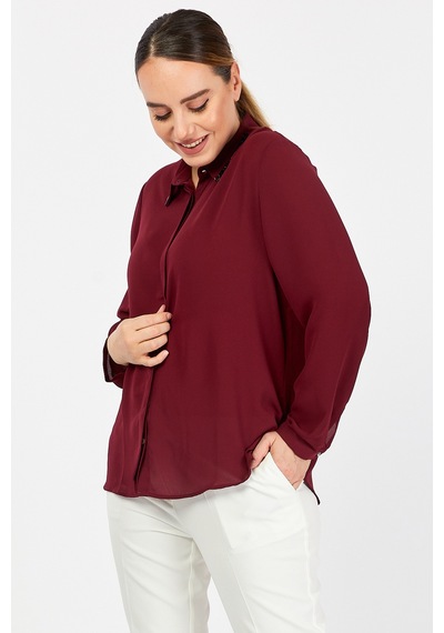 Pera Moda Büyük Beden Yaka Boncuklu Gömlek Bordo