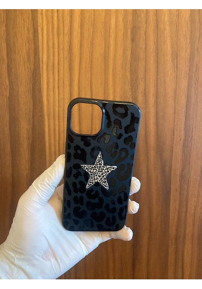 Apple iPhone Uyumlu 13/14 Leopar Baskılı İçi Kadife Silikon Telefon Kılıfı Siyah