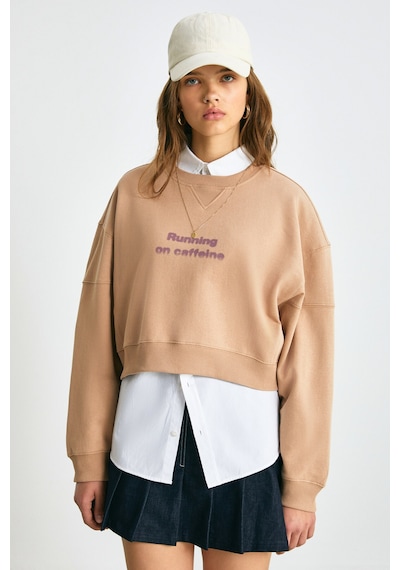 Grımelange DANBİ Kadın Crop Örme Kumaş Yuvarlak Yaka Uzun Kol Kahverengi Sweatshirt