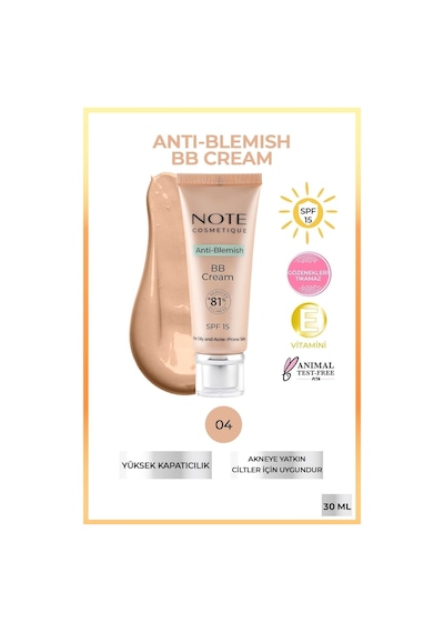 Note Cosmetique Anti-Blemish BB Cream SPF 15 Akneye Yatkın Ciltler BB Krem - 04 Beige
