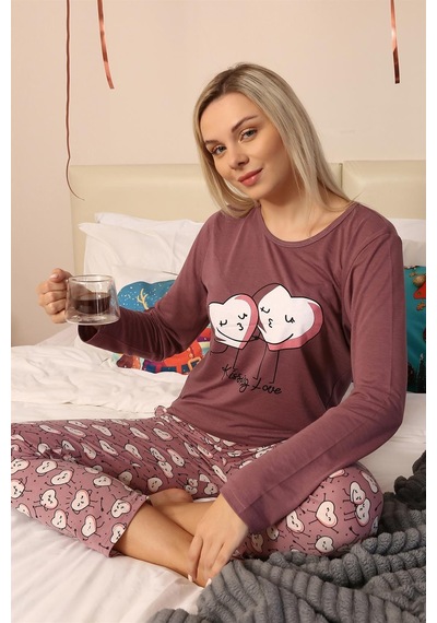 Akbeniz Kadın Penye Uzun Kol Pijama Takım 4187 - M Mürdüm