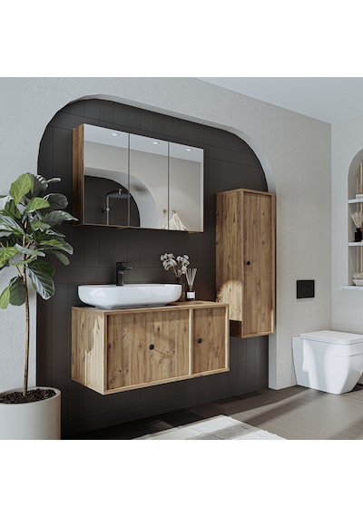 Oval Lavabolu Mdf 90 Cm Çekmeceli Banyo Dolap + Aynalı Dlp Atl Atlantik Çam