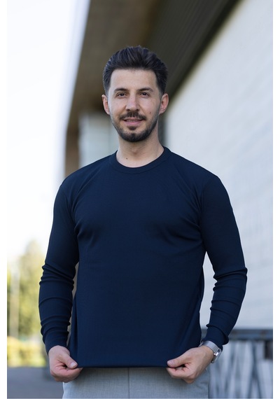 Hk Premium Erkek Fitilli Slim Fit Bisiklet Yaka Triko Kazak Lacivert