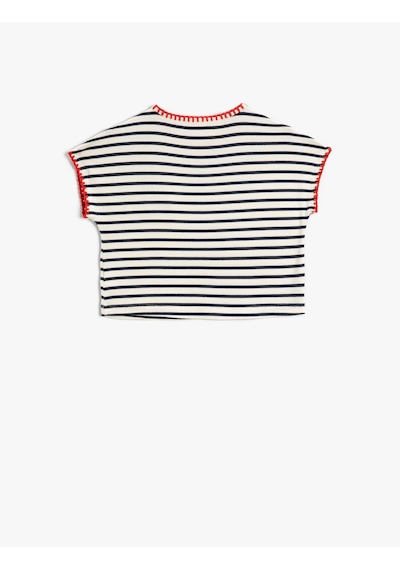 Koton Çizgili Crop Tişört Kısa Kollu Bisiklet Yaka Ekru Çizgili 2skg10133ak