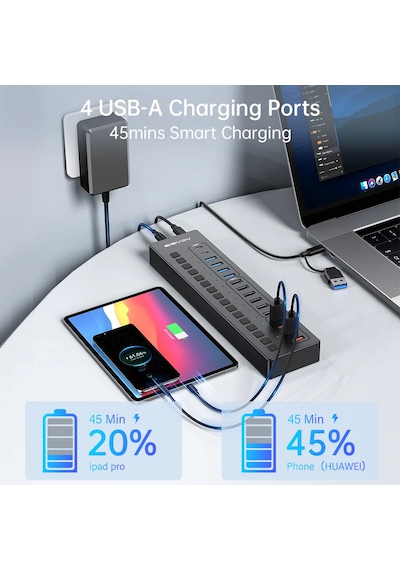 Acasis Ds516pb - 16 Port 5gbps Usb-a 3.0, Usb 2.0, Type-c 3.0, Akıllı Şarj Portu, Alüminyum Kasa, 60w Güç Adaptörlü, Led Işıklı, Usb / Type-c Çoklayıcı , Akıllı Şarj Hub Ds-516pb
