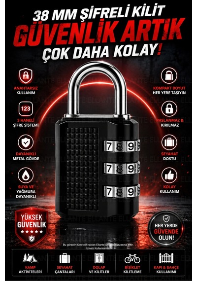 38 Mm 3 Haneli Şifreli Asma Kilit Anahtarsız Güvenlik Paslanmaz Çelik Kanca Bavul, Dolap Ve Ça