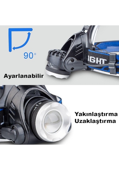 Triline 6000 Lümen Profesyonel Su Geçirmez Şarjlı Kafa Lambası Fener Mavi