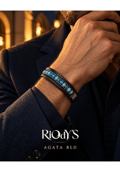 Riody's Agata Blu Erkek Bileklik Doğal Mavi Akik Taşlı Siyah Deri Çelik Kilit Siyah-mavi