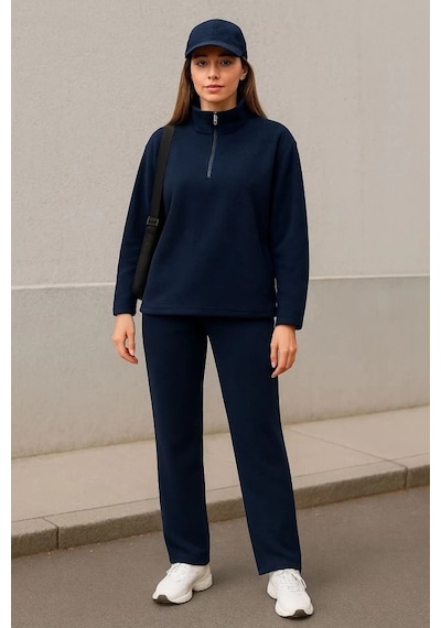 Defymoda Kadın Balıkçı Yaka Fermuar Detay Polar Sweat Ve Pantolon Ikili Takım Lacivert