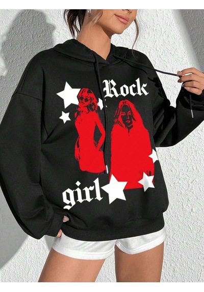 Startmore Coke Serisi Figure & Letter Graphic Drop Shoulder Drawstring Hoodie Siyah