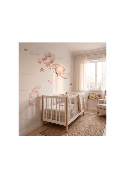 Pembe Bulutlar Bunny Çocuk Odası Poster Duvar Kağıdı Çok Renkli