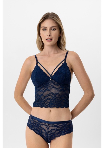 Pierre Cardin Lingerie Kadın Balensiz Dantelli Pedli Sütyen Takımı Lacivert