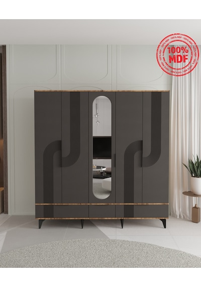 Ekin 5 Kapaklı Çekmeceli Gardırop - Tamamı Mdf Antrasit