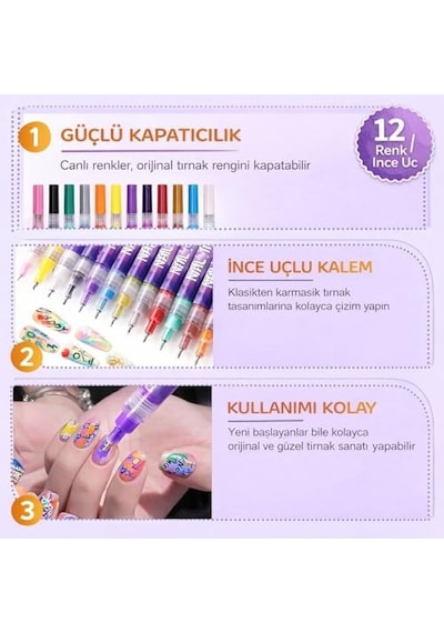 Rıvano 12 Renk Oje Sanatı Kalemi Seti, Su Bazlı Hızlı Kuruyan Tırnak Art Kalemi, Çocuklar Ve Yetişkinler İçin K