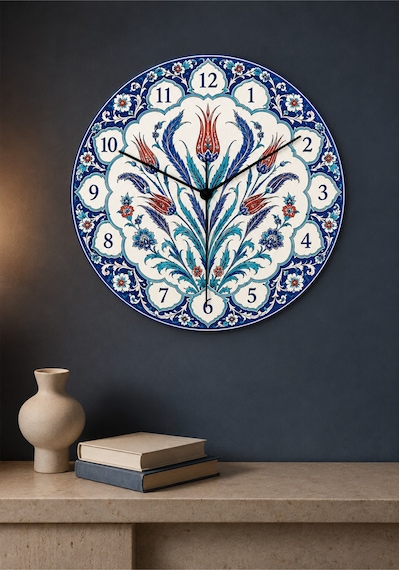 AA Shop Osmanlı İznik Çini Desenli Dekoratif Baskılı Ahşap Duvar Saati 45 Cm Sessiz Akar Mekanizma 885 Çoklu Renkli