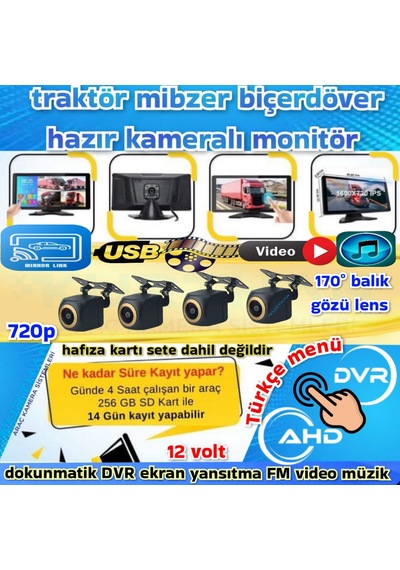 Dokunmatik 10.36'' Video Müzik Dvr Ekran 4 Adet Ahd 720p 170 Derece Kamera 12 V