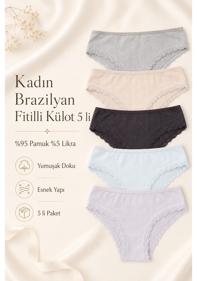 Nicoletta Kadın Külot Brazilyan 5 Li Paket Likralı Fitilli Kaşkorse P 91030 Çok Renkli