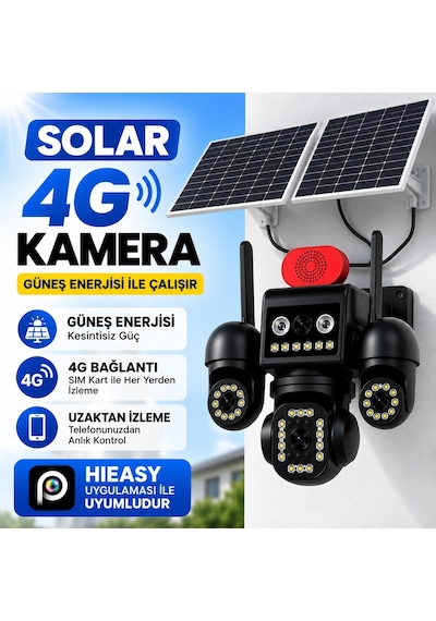 Uninet Aov Teknolojili 4g Solar Güvenlik Kamerası Düşük Güç Tüketimi, Kesintisiz Izleme Ve Anlık Kayıt 4 Kameralı 3 Kamerası Dönebilen Ptz + 1 Sabit Lens, Gece Görüşü Ve Siren