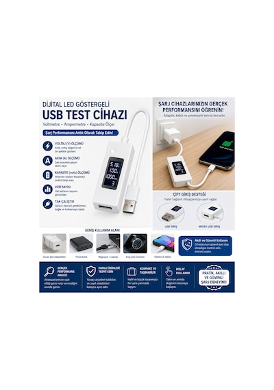 Dijital Led Göstergeli Usb Voltmetre Ampermetre Test Cihazı - Akım Ve Voltaj Ölçer