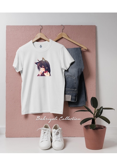 Oversize Catgirl Anime Cosplay Tasarımlı Unisex T-shirt Beyaz