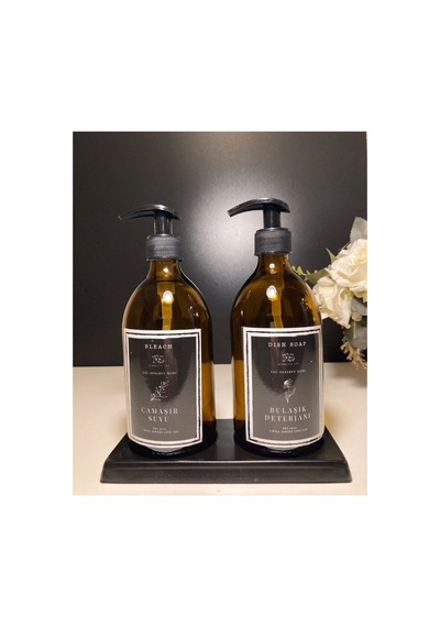 Siyah Bölmeli Standlı Amber 500ml Bulaşık Deterjanı Çamaşır Suyu Şişesi Sabunluk Set Kahverengi Kahverengi
