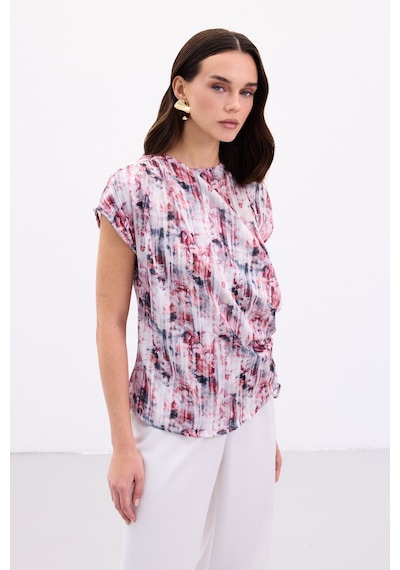 Sateen Pileli Kolsuz Bluz - Bordo-136864 Bordo