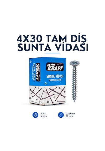 Çetin Kraft Dın 7505a Yhb Sivri Uçlu Tam Diş Sunta Vidası 4x30 500 Adetli Kutu 4 x 30
