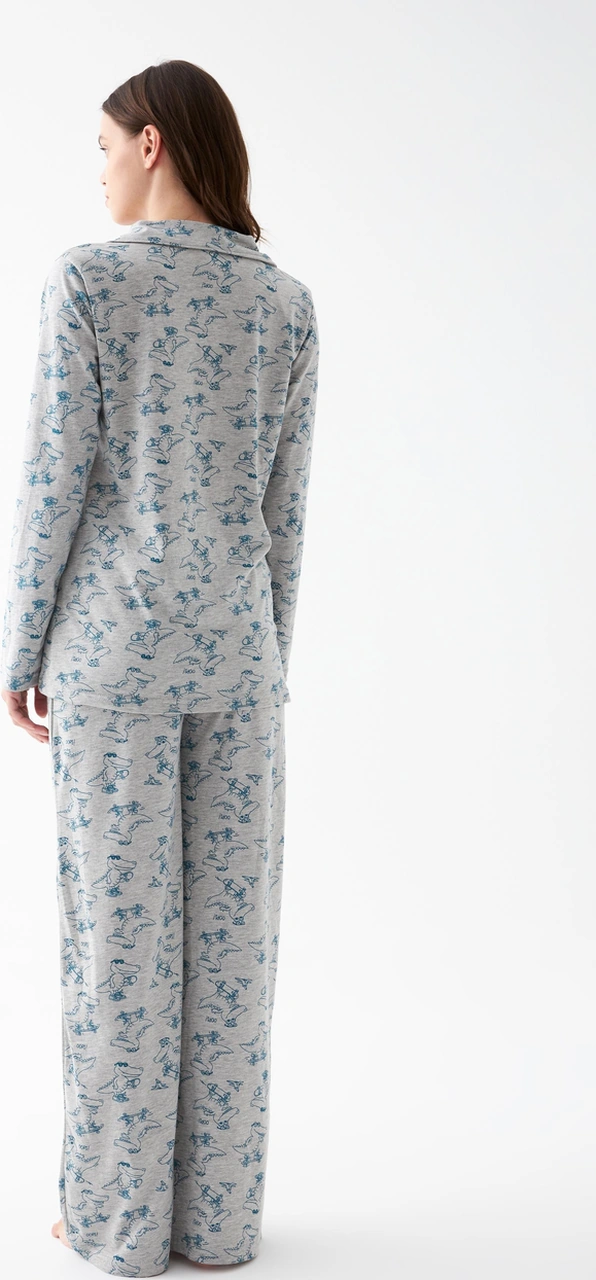 Akbeniz Kadın Gri Desenli Düğmeli Pamuklu Pijama Takımı Gri