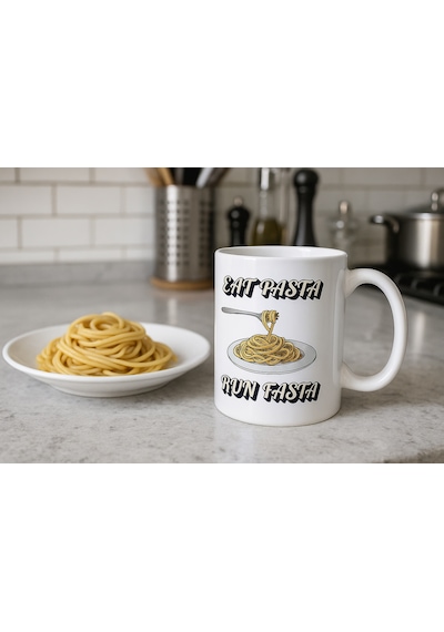 Eat Pasta Run Fasta Yazılı Kupa Model 209 Makarna Temalı Komik Tasarım Seramik Kahve Kupası