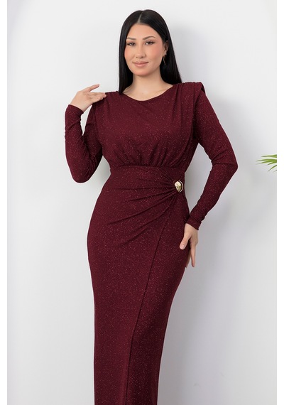 Kalopya Oval Yaka Uzun Kol Simli Elbise Grs4155 Bordo