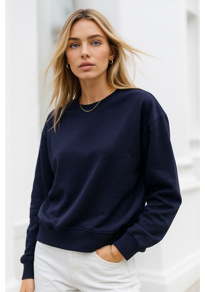 Kadın Lacivert Pamuklu İnterlock Oversize Sweatshirt Lacivert