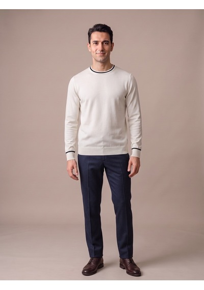 Maccali Erkek Beyaz Kontrast Şeritli Bisiklet Yaka Triko Sweatshirt