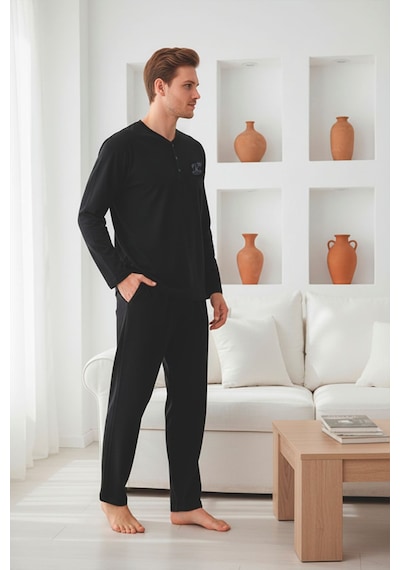 Kompedan Erkek Uzun Kollu 4 Mevsim Penye Süprem Önü Patlı Pijama Takımı Siyah 801 Siyah