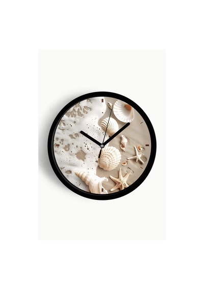 Deniz Kabukları - Deniz Yıldızı Modern Duvar Saati - 25cm - Önü Camlı Siyah Kasa - Sessiz Mekanizma-jh0824 Siyah
