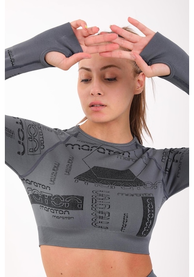Maraton Active Slimfit Kadın Bisiklet Yaka Uzun Kol Koşu Antrasit Crop Top 816025 Antrasit