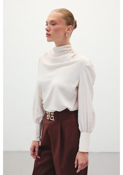 Sateen Drape Detaylı Bluz - Bej