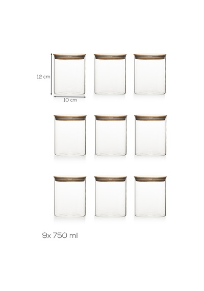 Porsima 1-3 Bambu Vakumlu Kapaklı Yuvarlak Borosilikat Cam 9lu Kavanoz Seti Saklama Kabı 750ml 10x12cm