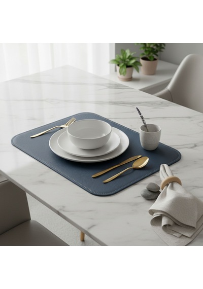 2 Adet Deri Lacivert Çift Taraflı Kenar Dikişli Amerikan Servis 33x44 Cm-kolay Silinebilir Supla