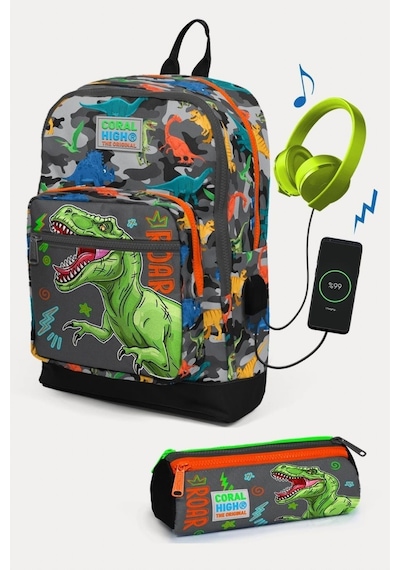 Coral High Kids Siyah Gri Dinozor Desenli Usb'li 2'li Okul Çanta Seti - Erkek Çocuk