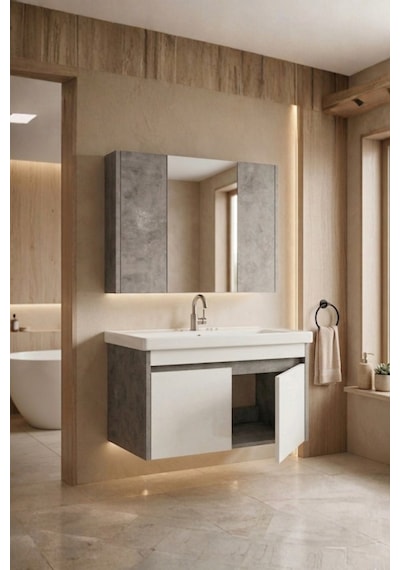 Retro 80 Cm Lavabolu, Aynalı Banyo Dolabı, Retro Gümüş-beyaz, Seramik Lavabo Dahil