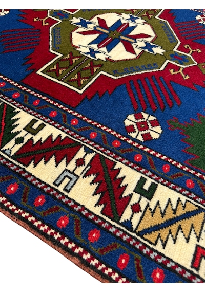 El Dokuması Sıfır Kafkas Halısı 128x210 Lacivert Yeşil Kök Boya %100 Yün Halı
